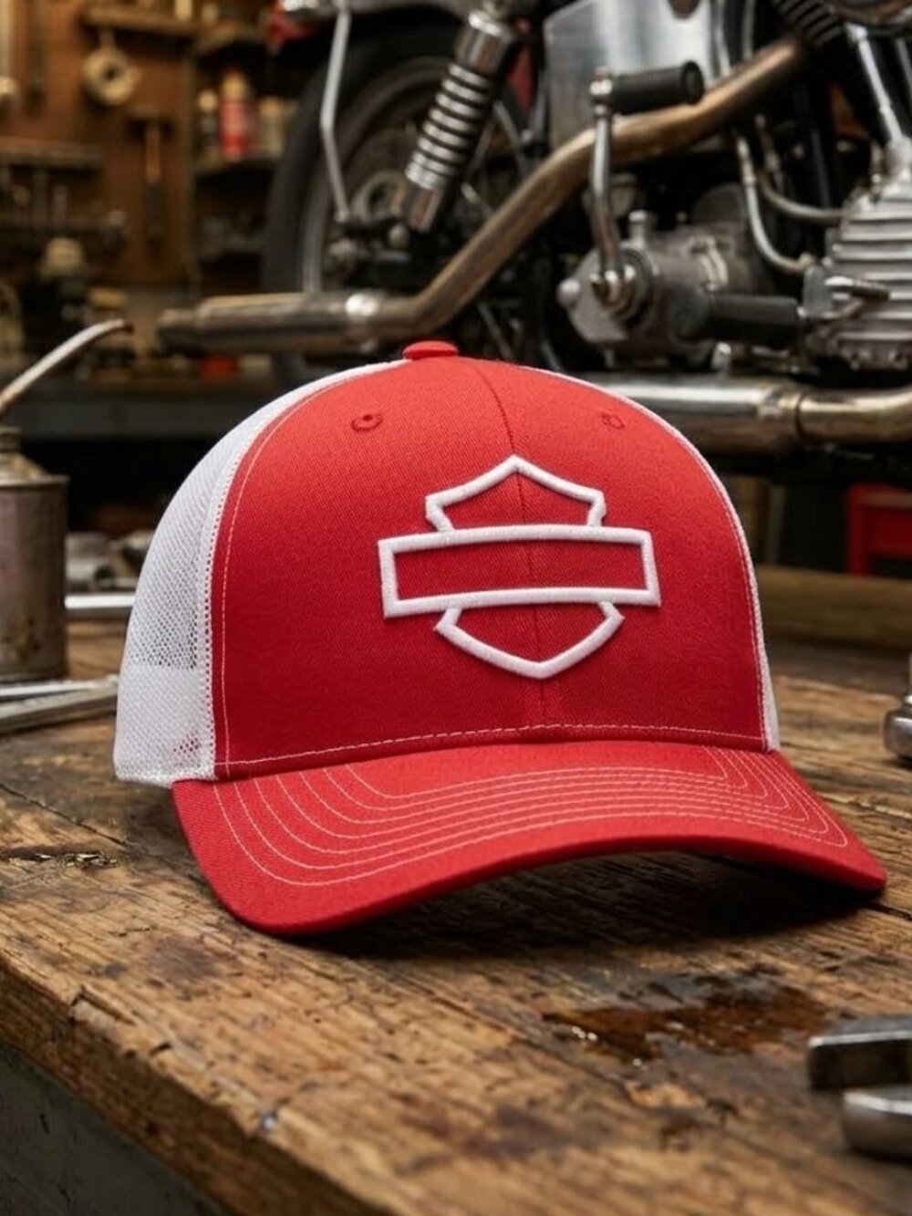 Retro Harley Davidson Hat Bar Shield Red White Richardson 112 Biker Snapback USA